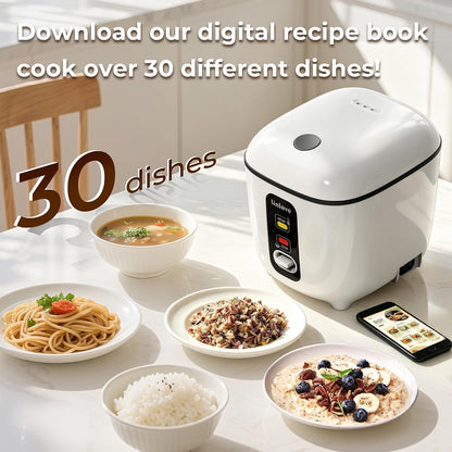 Rice Cooker Small 2.5 Cup Uncooked,1.2 Quart Non-Stick Mini Rice Cooker,With Stainless Steel Steamer Tray,One-Switch to Cook and Auto Keep Warm,Recipe Guide,Space Saving for 1-4 People,White5