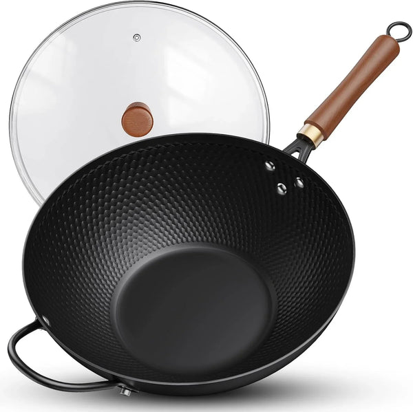 Wok with Lid, 13 Inch Carbon Steel Woks & Stir-Fry Pans Nonstick | Pre-Seasoned 5.6QT Flat Bottom Chinese Wok Pan with Lid, PFOA/PTFE Free Cookware Compatible with All Cooktops1