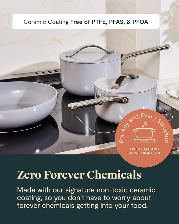 Caraway 12-Piece Non-Stick Ceramic Cookware Set | Pots, Pans, Lids and Kitchen Storage, PFAS and PFOA Free, Oven Safe Pan Set and Compatible with All Stovetops, Cream4
