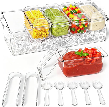 Condiment Tray, Chilled Condiment Server, Bar Accessories on Ice | Condiment Caddy for Home, Party and Celebration, Bar Accessories with Removable Trays and Lids (5 Spoons & 2 Tongs)1
