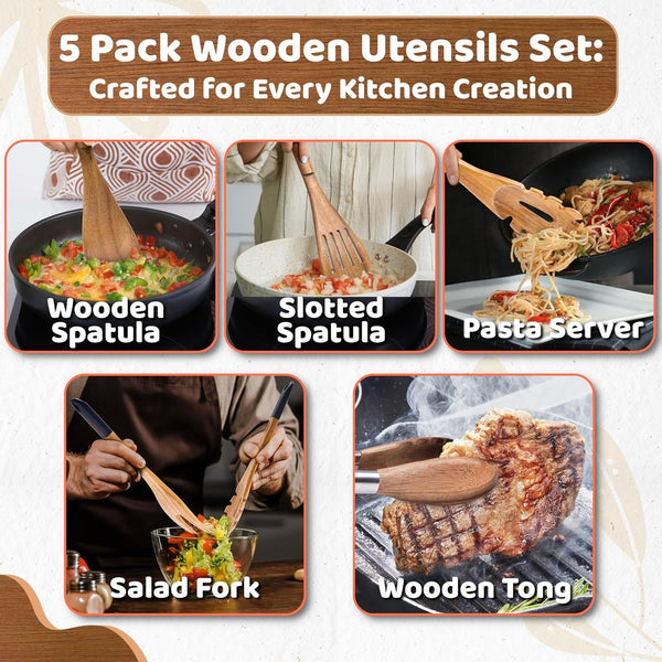 Wood Cooking Utensils Set, 5 PCS Wooden Spoons for Cooking Includes Stainless/Wood Kitchen Tongs, Non-Stick Wooden Utensil Set with Innovative Finger Groove & Non-Slip Notch Design, Black6
