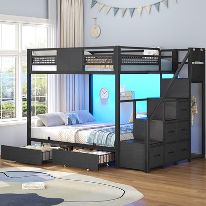Bunk Bed Full over Full with Stairs, Storage Drawers and LED Lights9