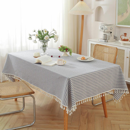 Table Cloth Blue White Striped Tablecloth Tassels Cotton Blend Dust-Proof Table Cover for Dining Coffee Buffet Kitchen Picnic Tables, Parties Indoor Outdoor Square Tablecloths (36X36 Inch)3