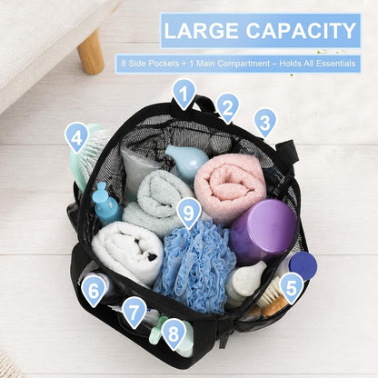 Mesh Shower Caddy Portable with 9 Pockets for College Dorm Room Essentials3