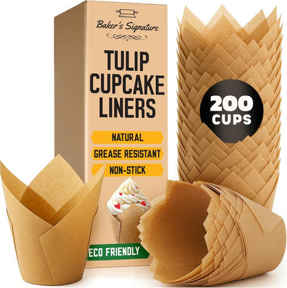 Tulip Cupcake Liners, Muffin Liners for Baking by  | 200Pcs of Parchment Paper Cups Wrappers – Perfect Size, Sturdy, Greaseproof & Easy to Use – Wedding Decor – Natural Brown1