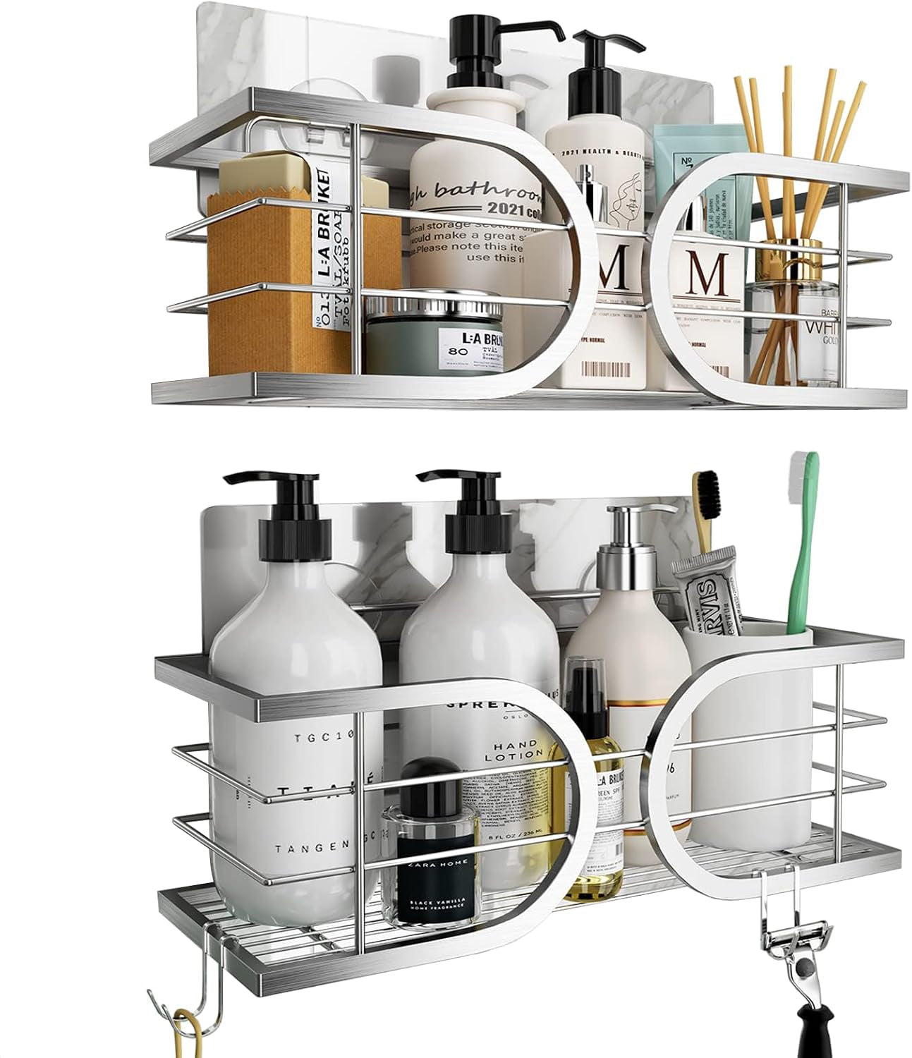 shower-caddy-no-drill-wall-mounted-304-stainless-steel-durable-large-capacity-adhesive-shower-rack-organiser-quick-dry-rustproof-bathroom-storage-shelves-2-pack-silver