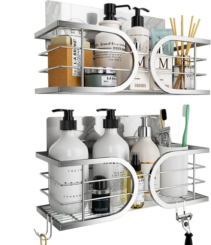 Shower Caddy No Drill Wall Mounted 304 Stainless Steel Durable Large Capacity Adhesive Shower Rack Organiser Quick Dry Rustproof Bathroom Storage Shelves - 2 Pack (Silver)1
