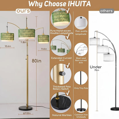 3-Light Arc Rattan Floor Lamp for Living Room,80'' Gold Boho Lamp | Heavy Natural Marble Base, 1/2/3-Light Rotary Switch,Double-Layer Green Wicker/Fabric Shades for Coastal Style,8 Ft+ Ceilings3