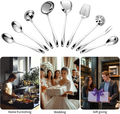 304 Stainless Steel Kitchen Utensil Set - 9Pcs Cooking Utensils, Metal Kitchen Utensil Spatula Sets Cookware,High Temperature Resistance Kitchen Tool Set for Hanging Dishwasher Safe（Silver）8