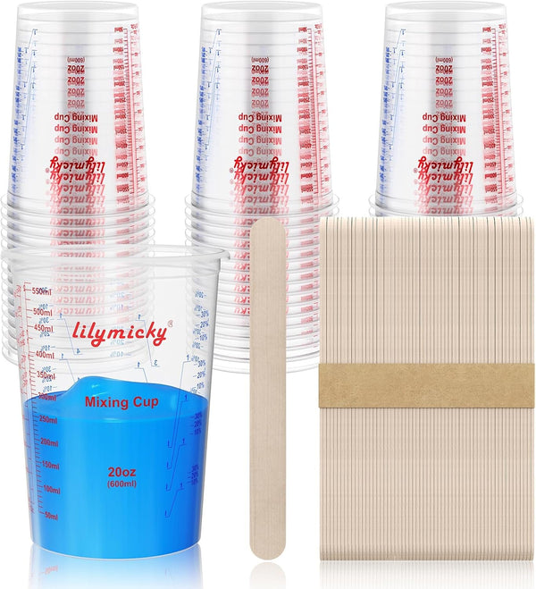 50 Pack Plastic Mixing Cups, 20 Oz Measuring Cups with 50 Mixing Sticks1