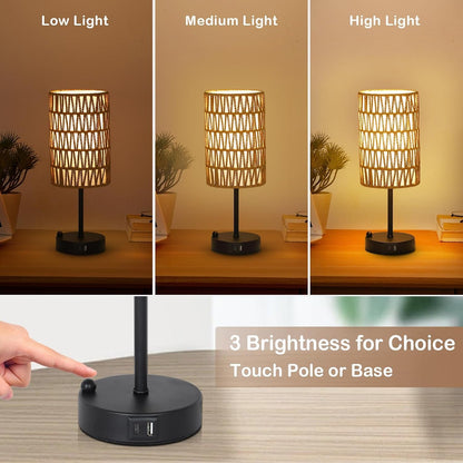 Touch Table Lamp for Bedroom with Bulb, Boho Small Desk Lamp for Living Room with Rattan & Linen Shade, 3 Way Dimmable Bedside Table Lamp for Nightstand with USB Charging Port & Phone Stand for Office4