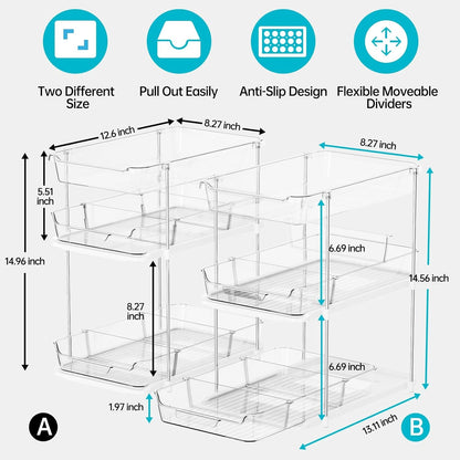 2 Sets of 3-Tier Bathroom under Sink Organizers and Storage, Multi-Purpose Stackable Pantry Organization and Storage, Pull Out Clear Kitchen Bathroom Cabinet Organizer with Movable Dividers3
