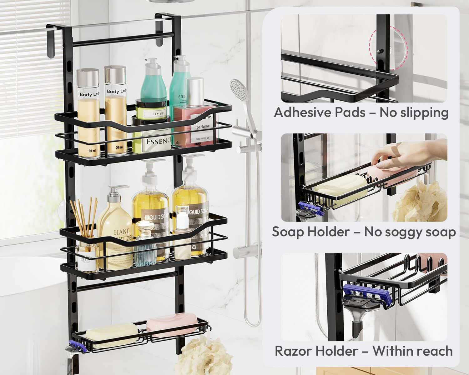 over-the-door-shower-caddy-3-tier-adjustable-shower-organizer-hanging-with-soap-holder-no-drilling-stainless-steel-bathroom-rack-hanging-for-body-wash-shampoo-soap-razor-black