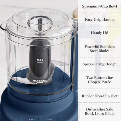 3 Cup Electric Vegetable Chopper, Mini Food Processor, Navy | 24Oz Bpa-Free Bowl, Stainless Steel Blades, Pour Spout, Dice, Puree, Mince, Chop Vegetables & Herbs, Dishwasher-Safe Parts10