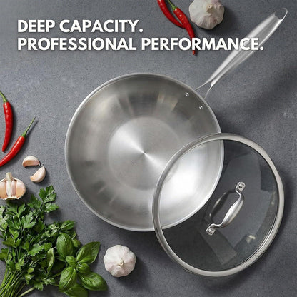 10 Inch Stainless Steel Wok Pan with Lid, Riveted Handle | Uncoated Tri-Ply Stainless Steel Stir Fry Pan, Everyday Cooking Wok for Induction, Flat Bottom, Dishwasher & Oven Safe4