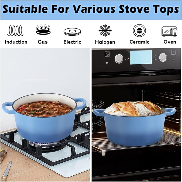 6QT Dutch Oven with Lid, Enameled Nonstick Cast Iron Dutch Oven | Cooking Pot for Stewing Baking Braising, Various Stoves & Oven Safe, Toxic Free & Solid, Dual Handles & Easy Cleanup - Blue7