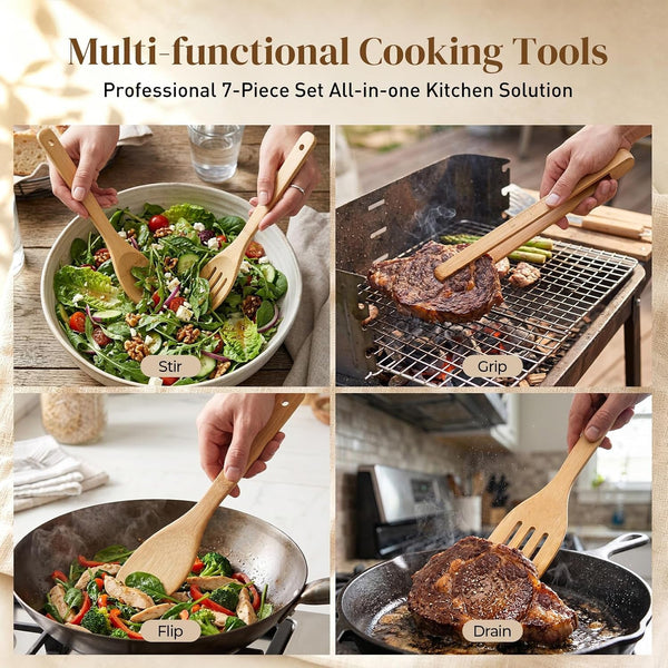 7-Piece Bamboo Kitchen Utensils Set, Wooden Spoons & Spatulas for Nonstick Cookware, Lightweight Heat-Resistant Cooking Tools with Comfortable Grip, Kitchen Gift Set3