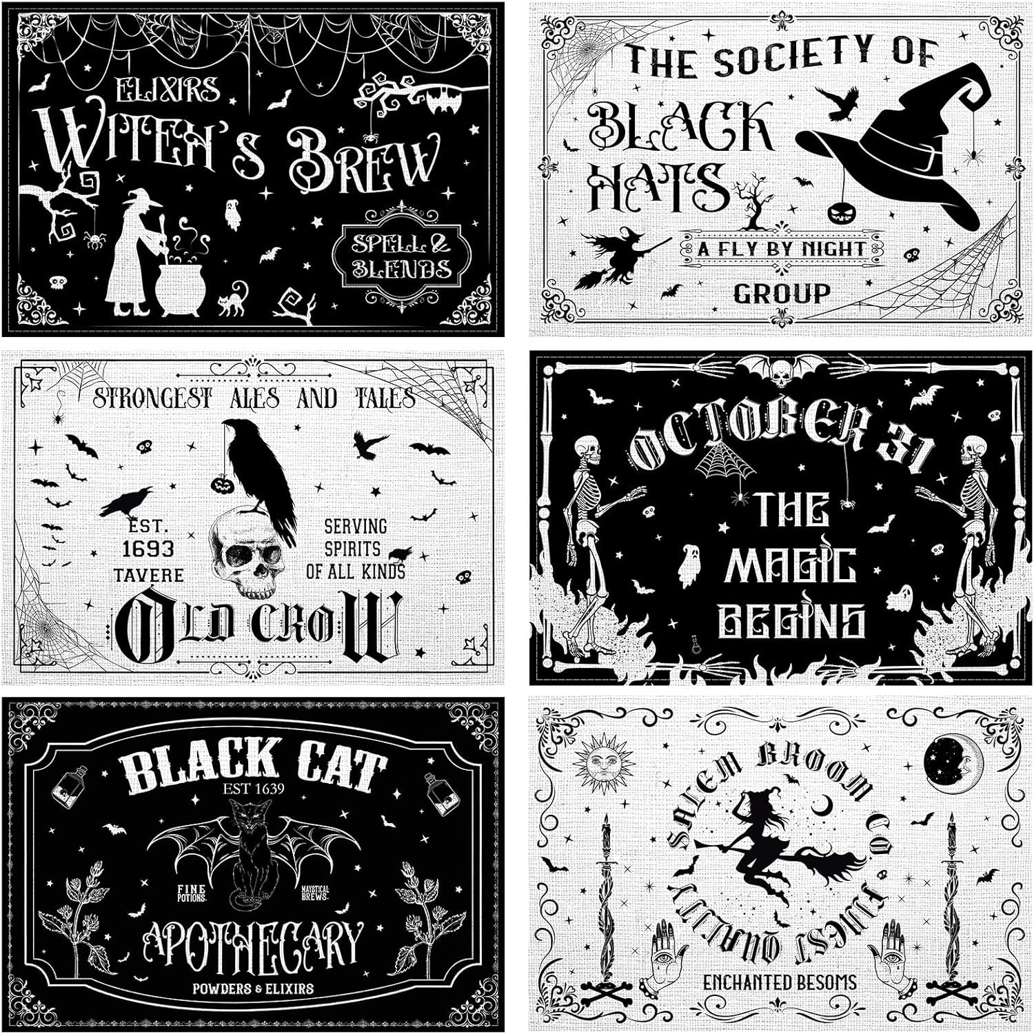 6-pcs-halloween-placemats-12x18-gothic-bat-placemats-kitchen-decoration-washable-witch-place-mats-rectangle-skull-table-mats-for-halloween-dining-table-accessoriesblack-white-character-style
