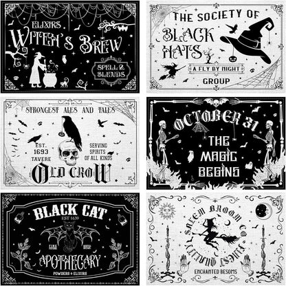 6 Pcs Halloween Placemats 12"X18" Gothic Bat Placemats Kitchen Decoration Washable Witch Place Mats Rectangle Skull Table Mats for Halloween Dining Table Accessories(Black White Character Style)1
