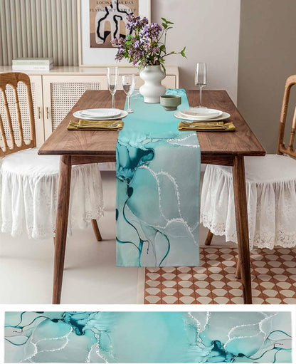 Marble Turquoise Teal Aqua Table Runner 108 Inches Long,Cotton Linen Modern Kitchen Dinner Dining Table Runners Decor Long Dresser Scarf,Burlap Tablerunner for Coffee/Dining/Party/Wedding Table3