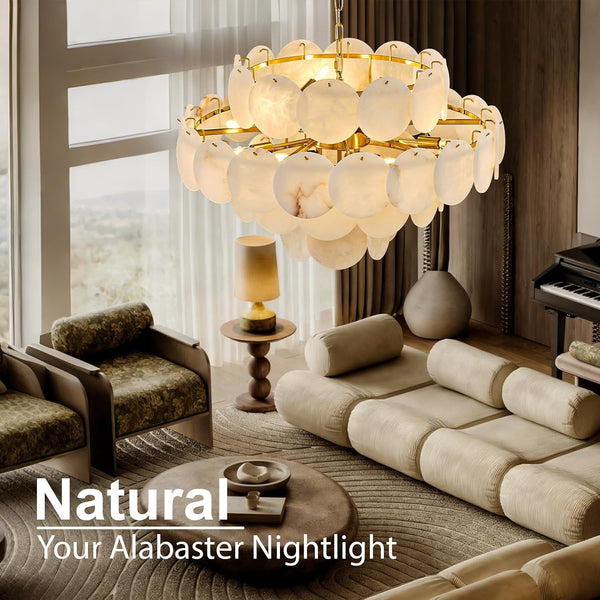 31.5" Alabaster Chandelier, Gold round Large Chandelier with Natural Stone Discs, Modern Luxury Dining Room Pendant Light Fixture for Living Room, Bedroom, Foyer2