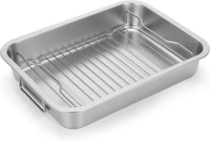 Heavy Duty Stainless Steel Roasting Pan with Rack & Handle for Oven | High Sided, Induction Compatible, Rack for Even Heating & Draining, for Turkey Chicken Vegetables & Lasagna, Easy to Clean1
