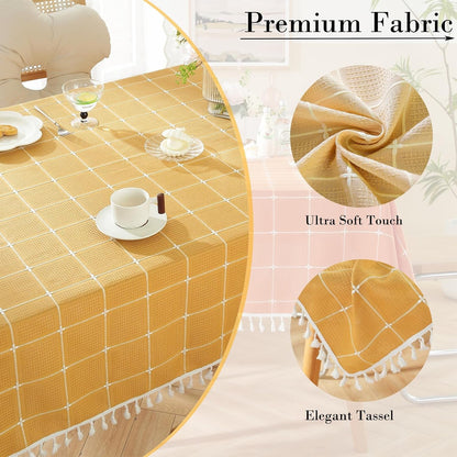 Rustic Plaid Cotton Linen Tablecloth Checkered Waterproof with Tassel Table Cover Decoration for Kitchen Dining Christmas Party 55" X 70", Rectangle, Yellow, 4-6 Seats4