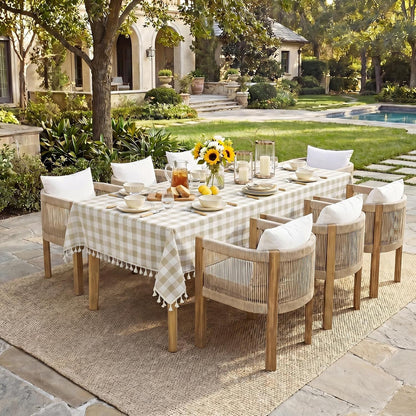 Checkered Tablecloth Rectangle, Outdoor Linen Cotton Gingham Table Cloth with Tassel, Heavy Duty Wrinkle Free Buffalo Plaid Table Cover for Kitchen Dining Summer Party - 55 X 84 Inch, Beige2