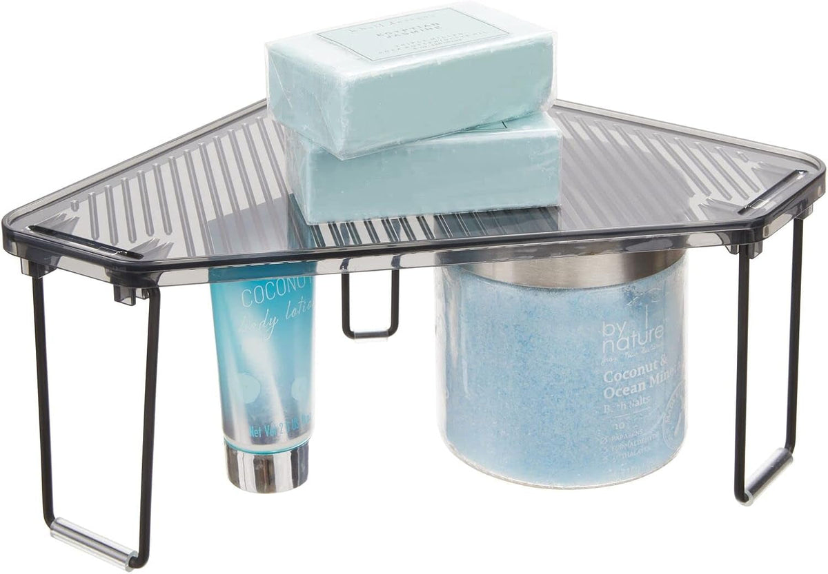 plastic-steel-corner-stackable-rack-storage-organizer-shelf-for-bathroom-vanity-countertop-sink-cabinet-holds-makeup-shower-accessories-ligne-collection-2-pack-black-smoke-gray