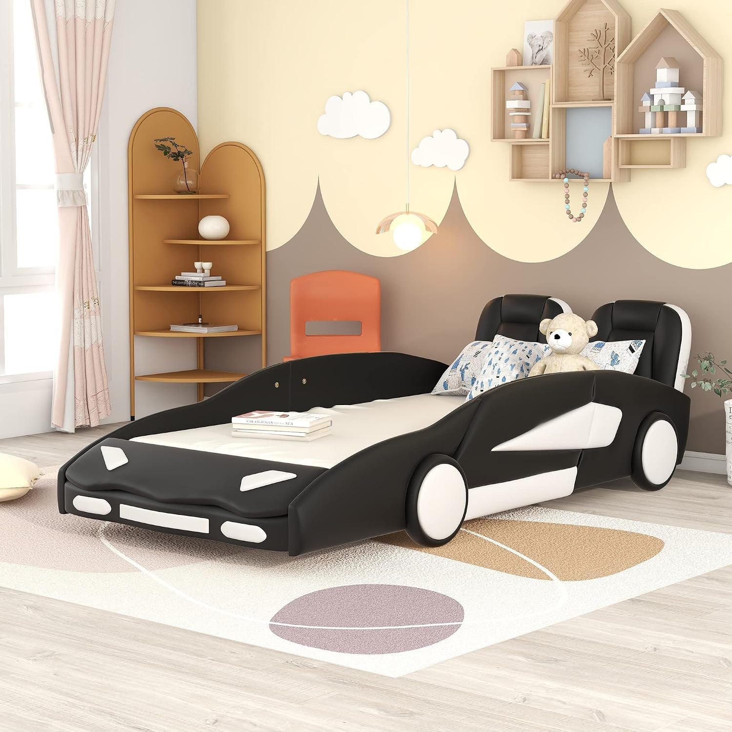 twin-upholstered-floor-platform-bed-frame-pu-leather-day-bed-with-race-car-shaped-headboard-no-box-spring-needed-black