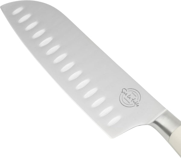 Sur La Table Kitchen Essential Tasting Kitchen German Steel Santoku Knife, 7-Inch Stainless Steel Blade – Professional Kitchen Knife with White Handle and Forged Full Tang7