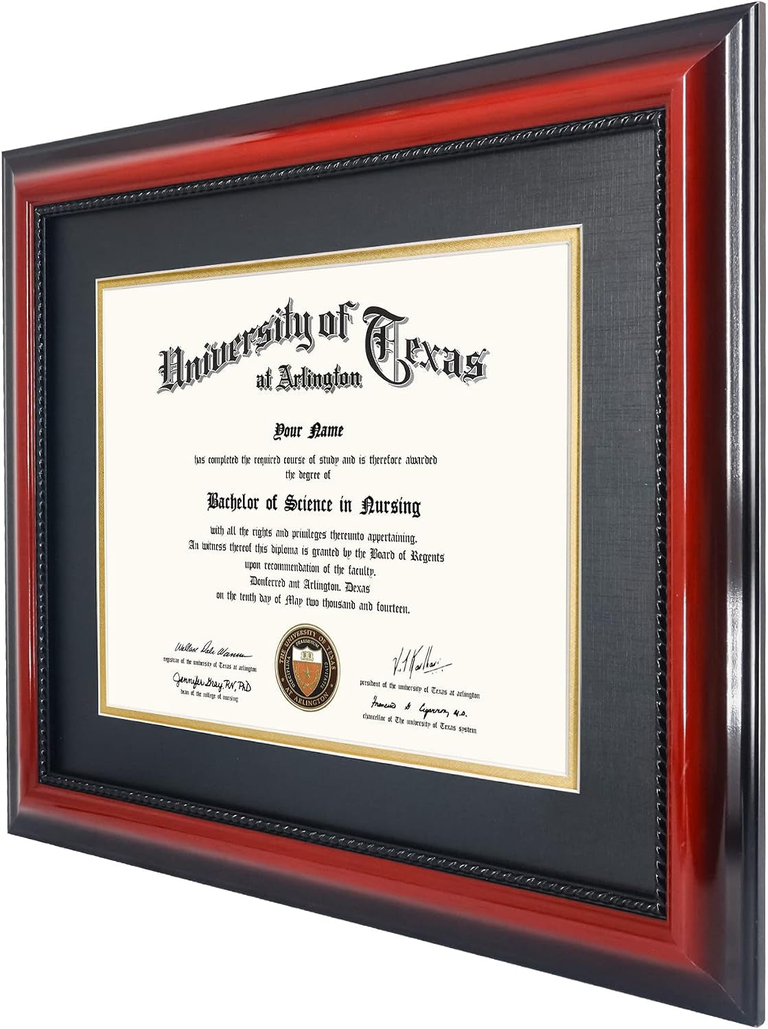 11x14-diploma-degree-frame-with-mat-or-display-15x18-certificates-without-mat-solid-wood-cherry-finish-with-intricate-black-rope-detail-uv-protection-acrylic