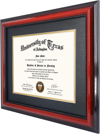 11X14 Diploma Degree Frame with Mat or Display 15X18 Certificates without Mat,Solid Wood,Cherry Finish with Intricate Black Rope Detail,Uv Protection Acrylic2