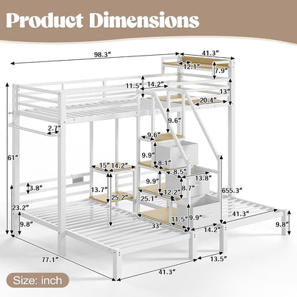 Twin Triple Bunk Bed with Storage Shelves and Storage Stairs, 3 Bunk Bed for Kids, Adults（Heavy Metal, White）2