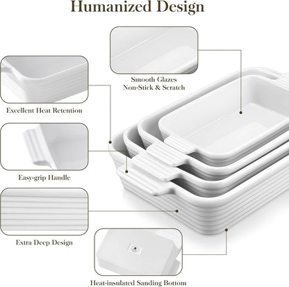 Casserole Dishes for Oven, Porcelain Baking Dish Set of 4 | Rectangular Lasagna Pans with Handles, Deep Bakeware, White (15''/13''/11.6''/9.6''), Oven Safe, Microwave Safe, Series BAKE5