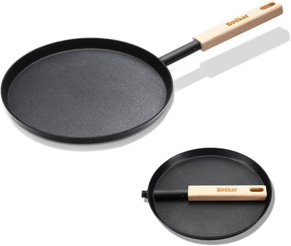 Frying Pan Skillet Pre-Seasoned 8-Inch Flat Griddle Pan | Lightweight Grill Pan with Wooden Handle for Camping Indoor Outdoor Cooking (Black, 8-Inch)2