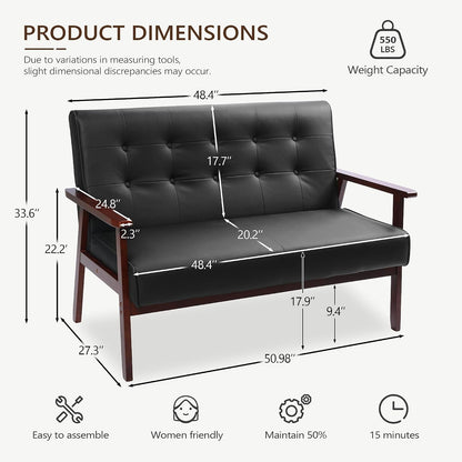 50" W Solid Wood Loveseat Sofa, Upholstered Faux Leather Couch2