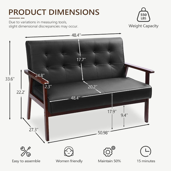 50" W Solid Wood Loveseat Sofa, Upholstered Faux Leather Couch2