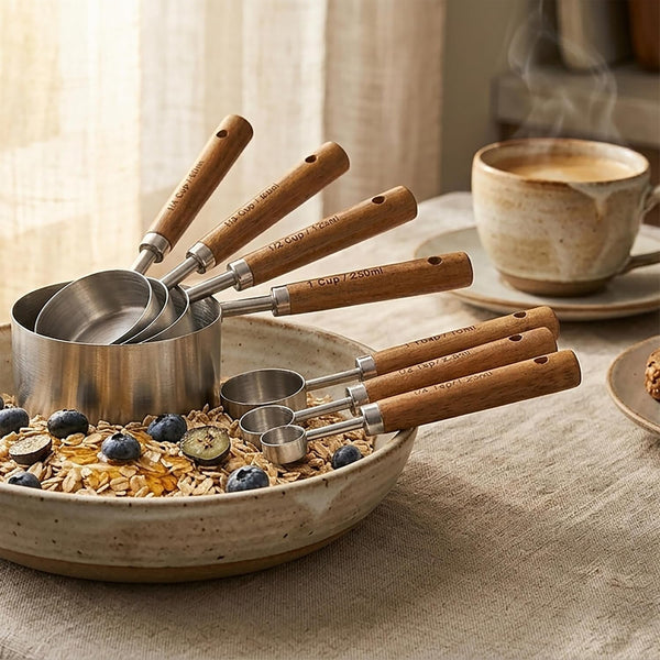 Measuring Cups and Spoons Set, Stainless Steel Metal Measuring Cups with Wooden Handles, Great for Dry and Liquid Ingredients, Engraved Metric Markings, Nesting Design for Baking8