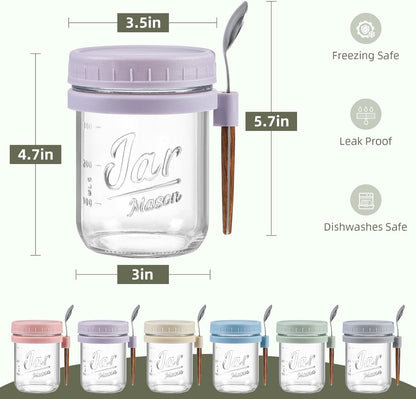 6 Pack Overnight Oats Containers with Lids and Spoons, 16 Oz Glass Mason Overnight Oats Jars, Large Capacity Airtight Jars for Milk, Cereal, Fruit2