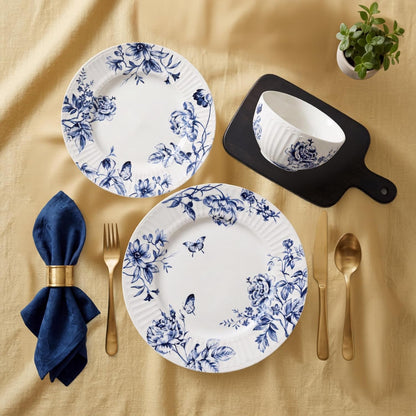 12-Piece Porcelain Dinnerware Set for 4, White & Blue Plates and Bowls Set, Glossy Ceramic Dish Set with Embossed Toile Pattern, Elegant Kitchen Dishes, Microwave & Dishwasher Safe, Cassian9