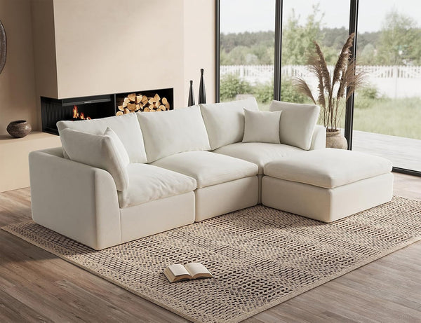 110" Cloud Sectional Couches for Living Room, Convertible L-Shape Couch with Ottoman, 3 Seater Modular Sectional Sofa, Warm White1