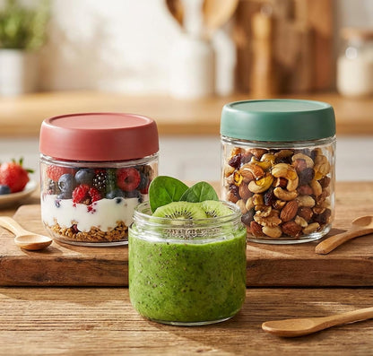 3Pack Overnight Oats Containers with Lids,10Oz Glass Jar with Scew Lid,Salad Dressing Fruit Veggies Sauce Snacks Meal Prep Food Containers,Spice Jars,Wide Mouth Storage Containers2