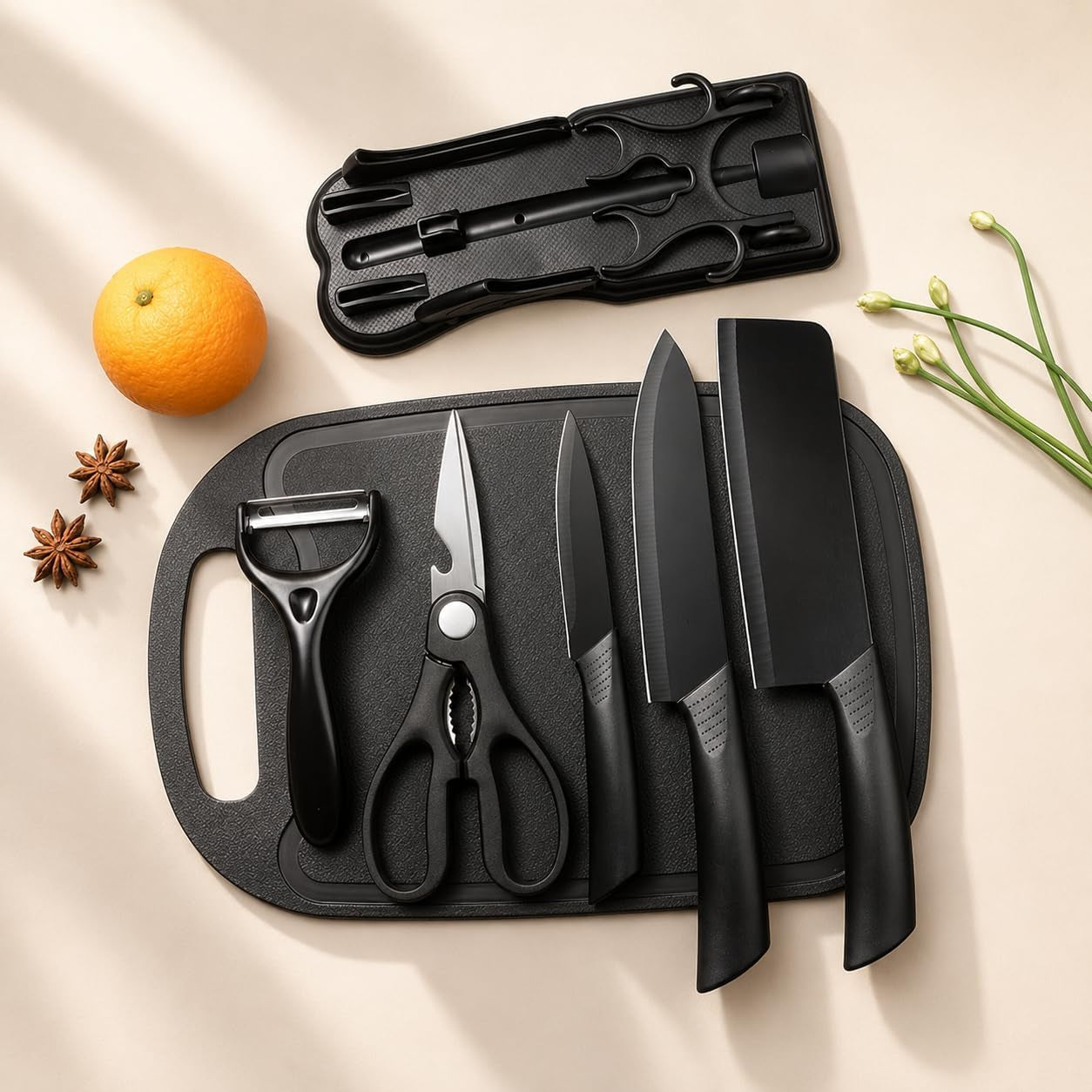 7pcs-kitchen-knife-set-5-black-stainless-steel-knives-with-sheaths-cutting-board-and-a-knife-block-stainless-steel-kitchen-knives-with-pp-ergonomic-handle