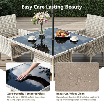 Outdoor Dining Set, 5-Piece Patio Furniture Set with Tempered Glass Table and 4 Cushioned Chairs, Dual-Strand Wicker Rattan, Balcony Furniture for Backyard, Garden, Deck,– Beige4