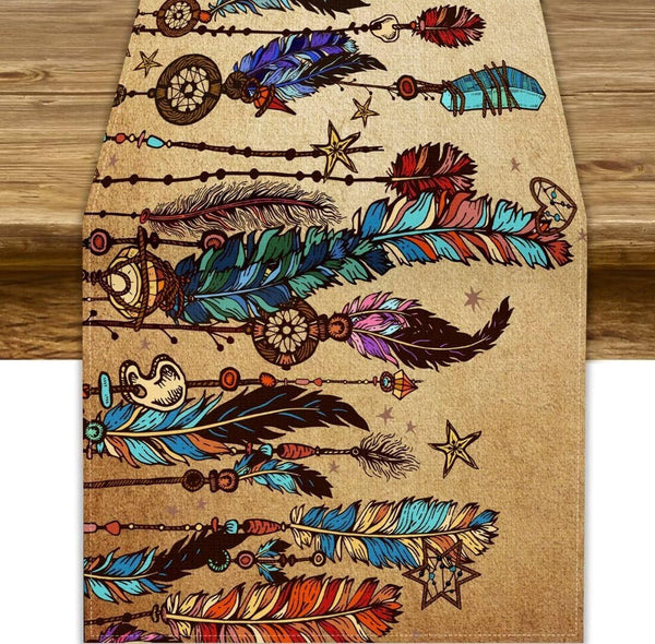 Boho Feather Table Runner, Vintage Tribal Ethnic American Indian Peacock Feathers Print Table Runner for Home Indoor Outdoor Party Wedding Decor, 13X60Inch1