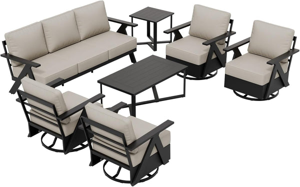 Iron Luxe 7 Piece Outdoor Patio Furniture Set, Modern Patio Conversation Set with 4 Swivel Rocking Chairs, a 3 Seat Couch, Coffee Table & Side Table for Deck, Garden, Porch, Black/Beige9