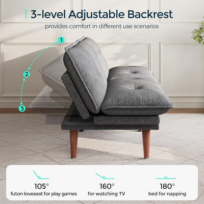 Futon Sofa Bed, 70" Chenille Futon Couch with Adjustable Backrest Armrest, 3 in 1 Convertible Comfy Loveseat Sleeper Sofa Bed for Small Spaces Dorm Room Apartment Home Office(Dark Grey)3