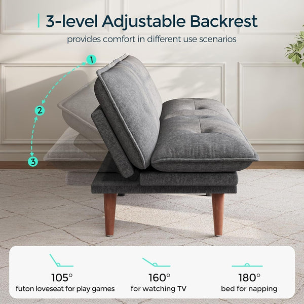 Futon Sofa Bed, 70" Chenille Futon Couch with Adjustable Backrest Armrest, 3 in 1 Convertible Comfy Loveseat Sleeper Sofa Bed for Small Spaces Dorm Room Apartment Home Office(Dark Grey)3