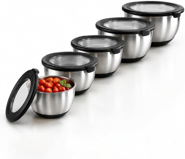 Stainless Steel Mixing Bowls with Lids – Set of 5 Large Nesting Metal Bowls for Kitchen, Baking, Cooking, Food Prep & Storage, Non-Slip Base, Dishwasher Safe,Black1